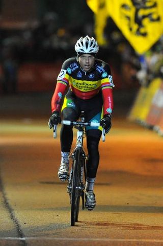 Belgian champion Sven Nys (Landbouwkrediet) rolls across the finish line in second place.