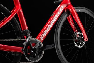 Image shows frame detail of Pinarello X series road bike