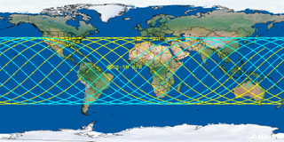A visualization of the possible tracks the falling Long March 5B rocket body could take.