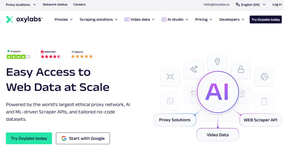 Website screenshot of Oxylabs (August, 2025)
