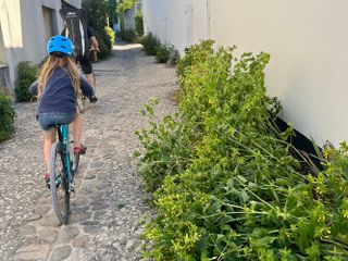 Family cycling holiday on Île de Ré shows a young rider cycling up a cobbled street with green flowers at the side