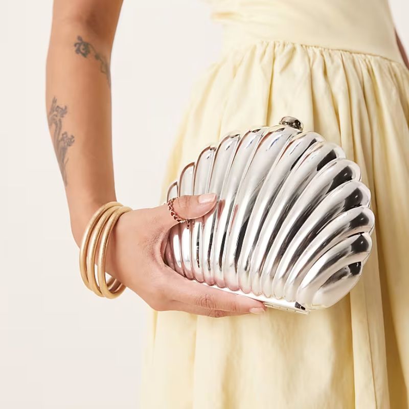 silver shell clutch bag