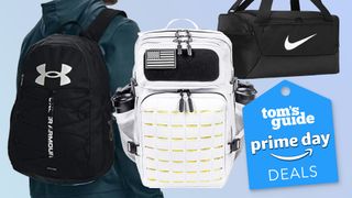 Gym bags on blue background with Prime Day deals badge