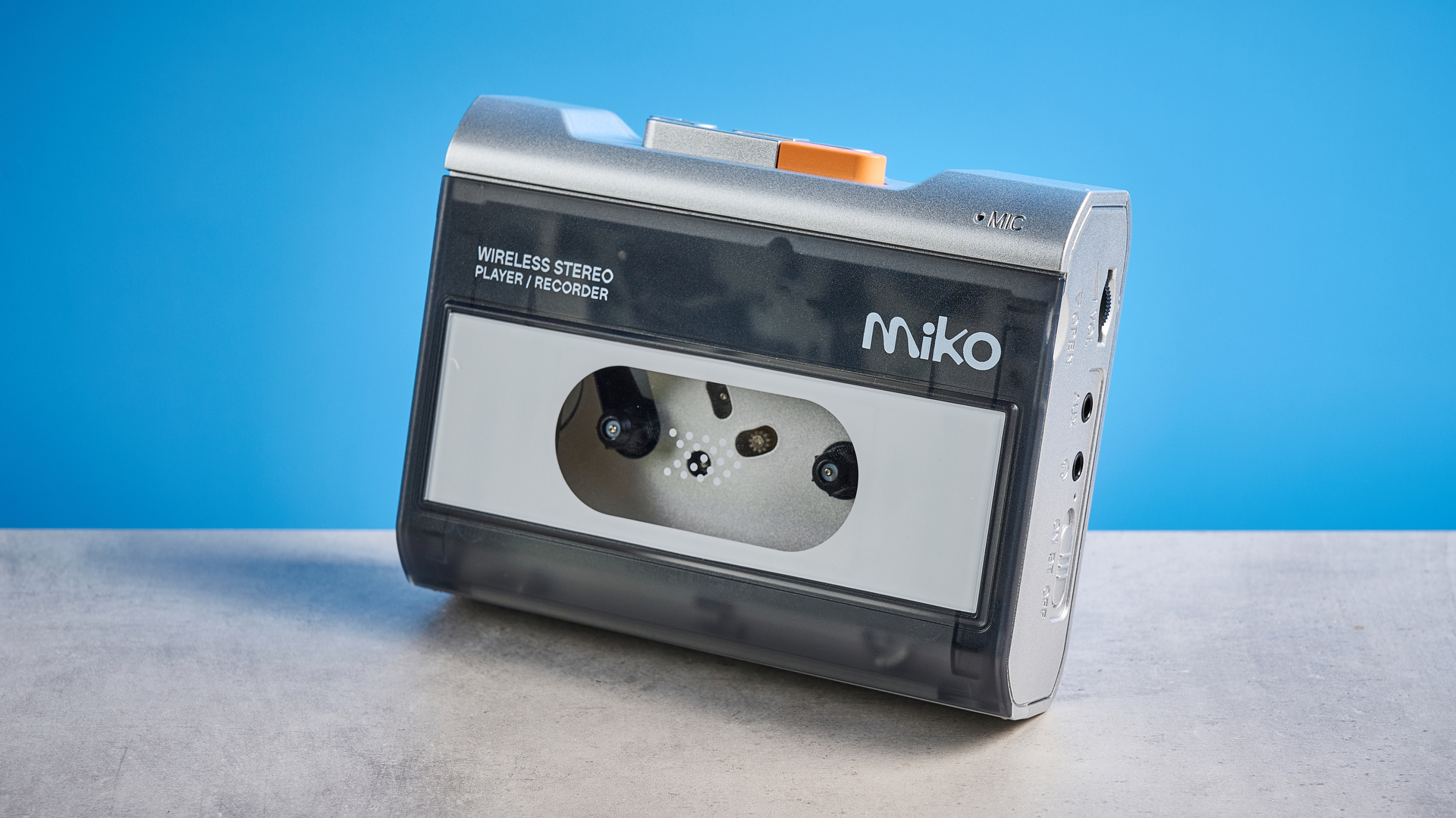 Gadhouse MIKO retro style cassette player photographed in front of a blue background.