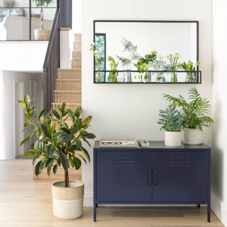 White hallway with mirror on wall above console table with plants
