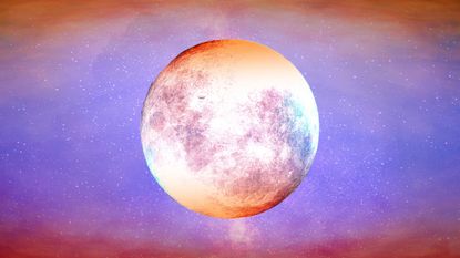 Full Moon May 2022: Reflection of the planets on the moon. The best textured moon. Science astronomy, detailed lunar surface. Colorful background.