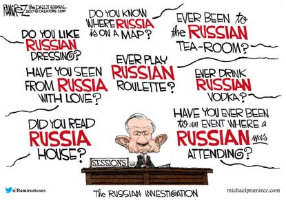 Political cartoon U.S. Jeff Sessions testimony Russia investigation