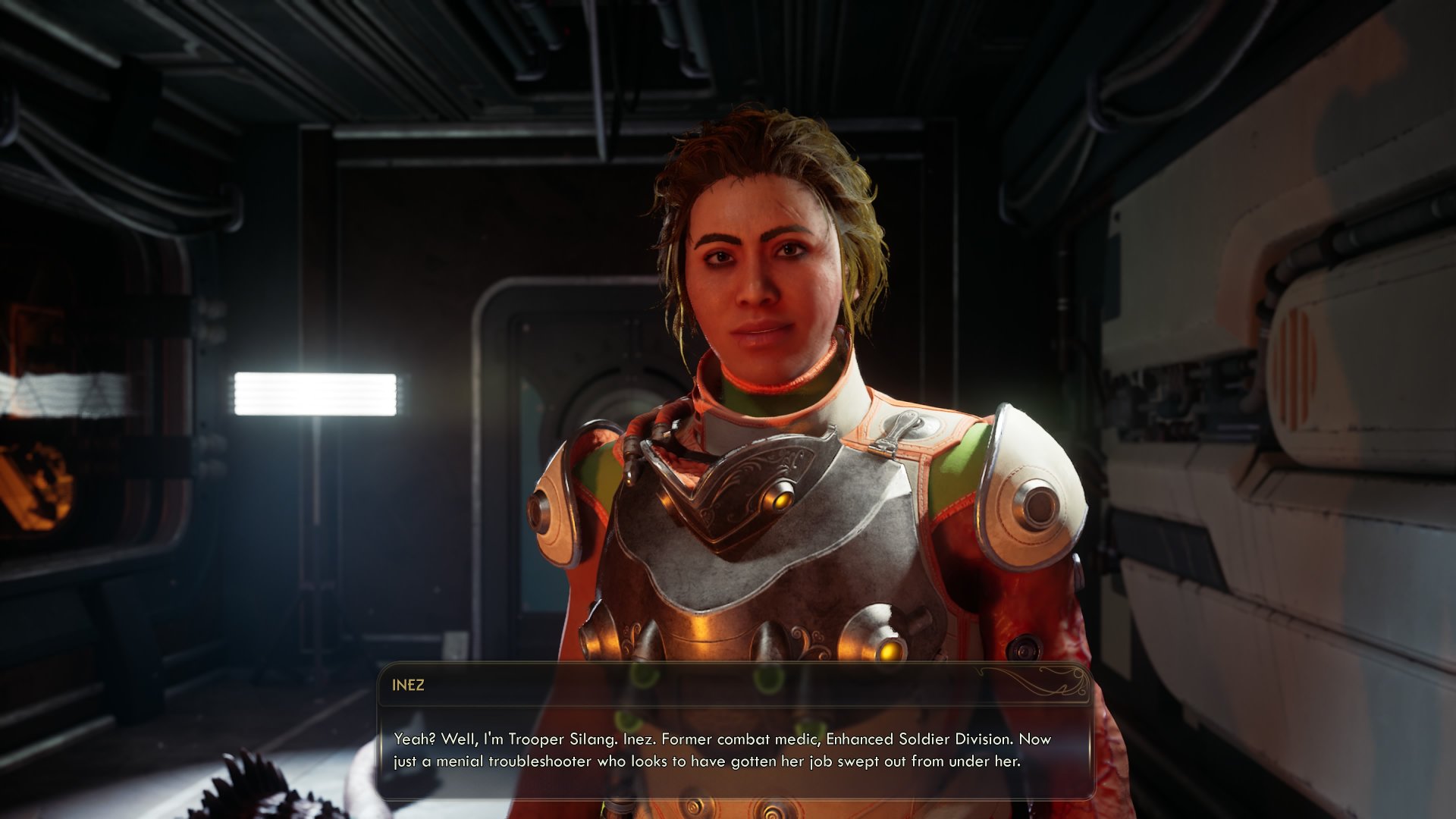 The Outer Worlds 2 screenshot showing companion Inez introducing herself