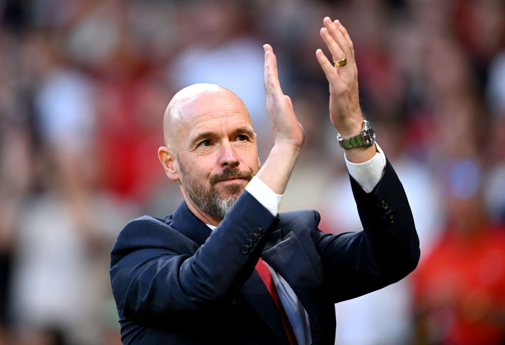 MANCHESTER, ENGLAND - AUGUST 16: Erik ten Hag, Manager of Manchester United applauds the fans prior to the Premier League match between Manchester United FC and Fulham FC at Old Trafford on August 16, 2024 in Manchester, England. (Photo by Michael Regan/Getty Images)