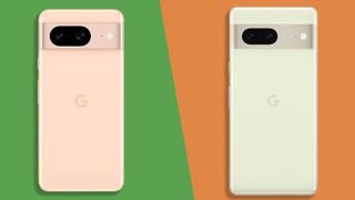 Rear view of the Google Pixel 8 in Coral and the Google Pixel 7 in Lemongrass on a diagonal split color background