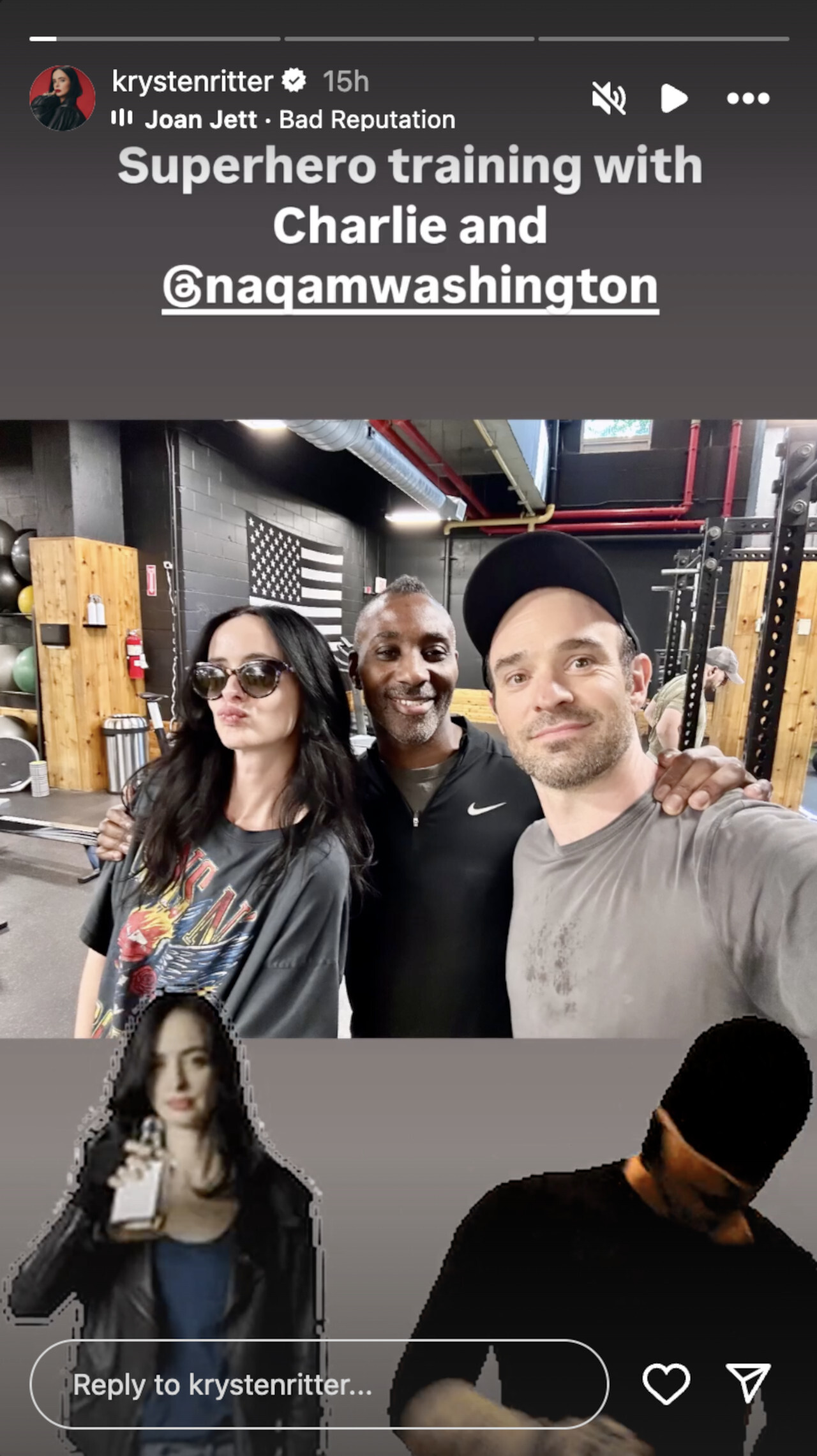 Krysten Ritter, looking effortlessly cool in sunglasses and a vintage tee, and Charlie Cox, drenched in sweat in a gym setting, complete with battle ropes, weights, and a massive American flag on the wall.