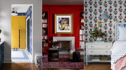 white doorway with yellow cabinet, bright red living room, red and blue wallpaper in bedroom