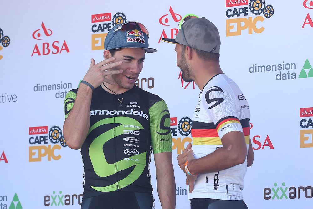 Fumic and Avancini on the stage 2 podium at Cape Epic