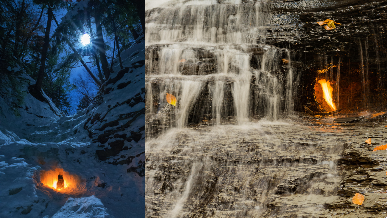 Two pictures of Eternal Flame Falls. On the left we see the flame in winter and on the right, the flame behind the waterfall.