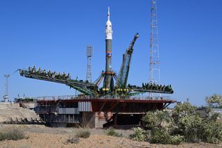 The Soyuz rocket that will launch three space fliers toward the International Space Station on June 6, 2018, stands at the pad at Baikonur Cosmodrome in Kazakhstan.