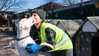 Rescue volunteer kissing dog