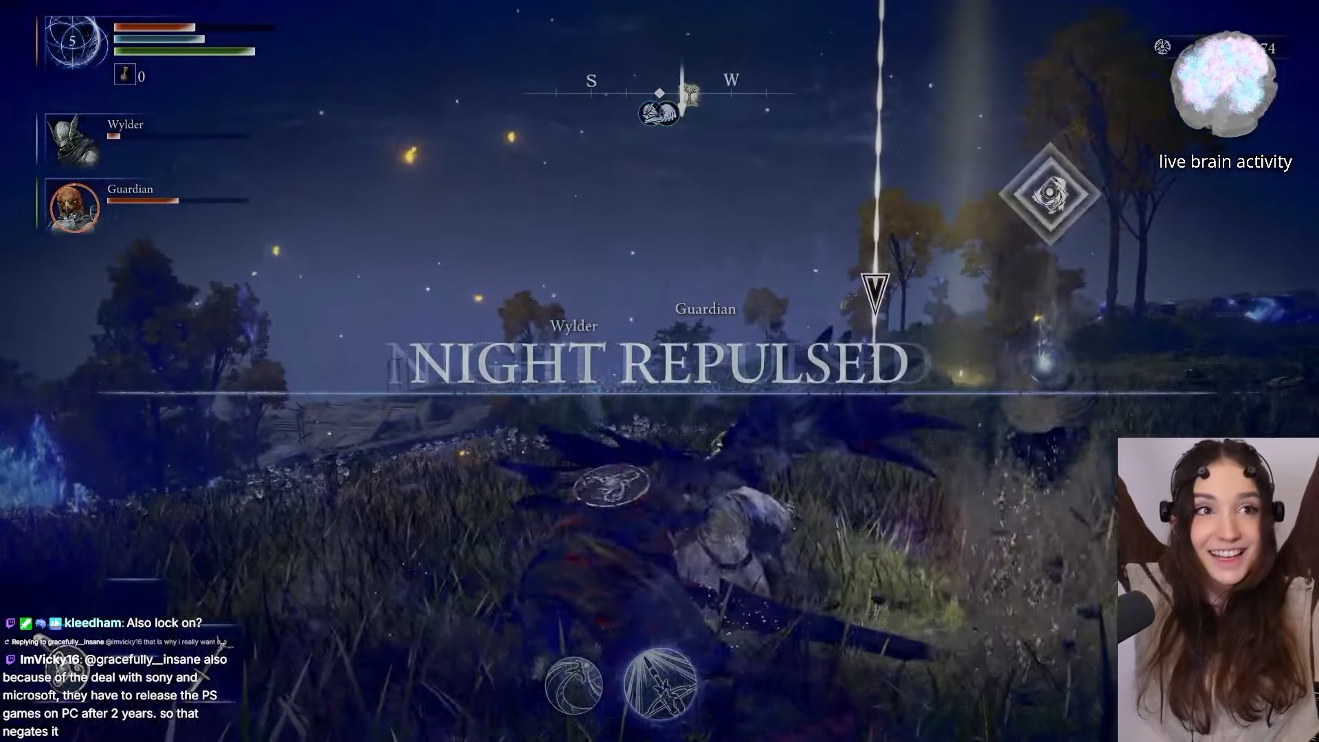 Twitch streamer rejoices via picture in picture streaming. She is playing Elden Ring: Nightreign while wearing a consumer-grade EEG. She has successfully beaten a boss, causing the words &#039;Night Repulsed&#039; to appear across the screen.