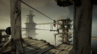 An image of imposing wood and stone towers from the game Cloud Climber.