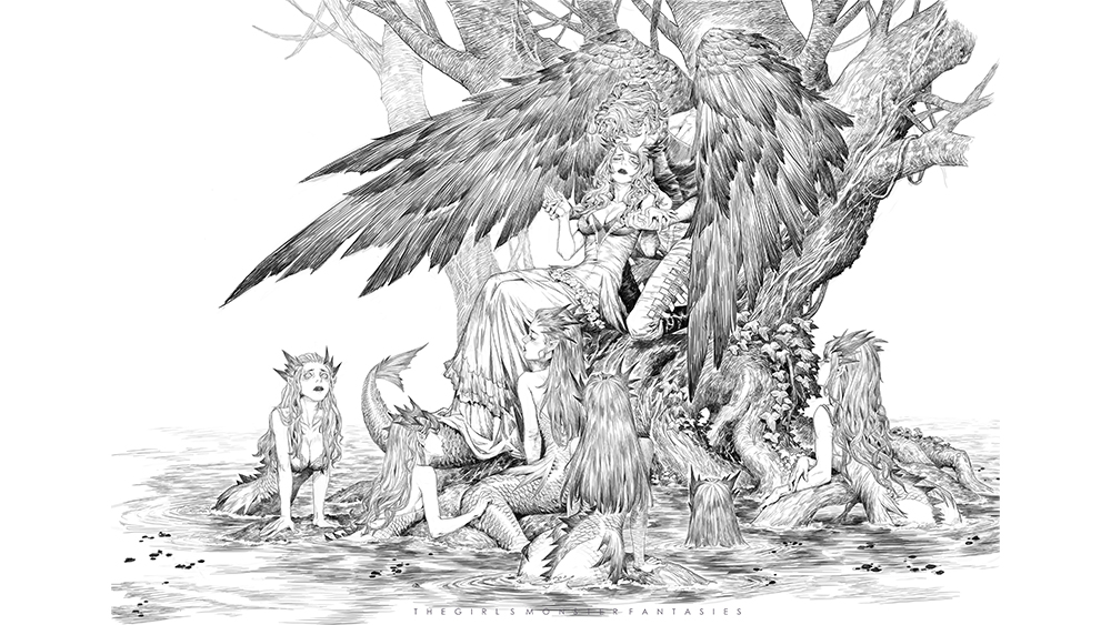 Black and white illustration of a fairytale scene with a modern twist