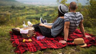 Couple having a picnic with their dog