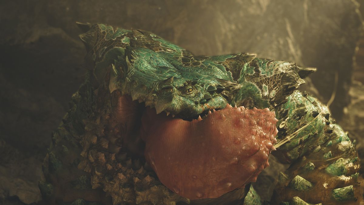 In-game cutscene screenshot of Monster Hunter Wilds&#039; Chatacabra monster licking its lips