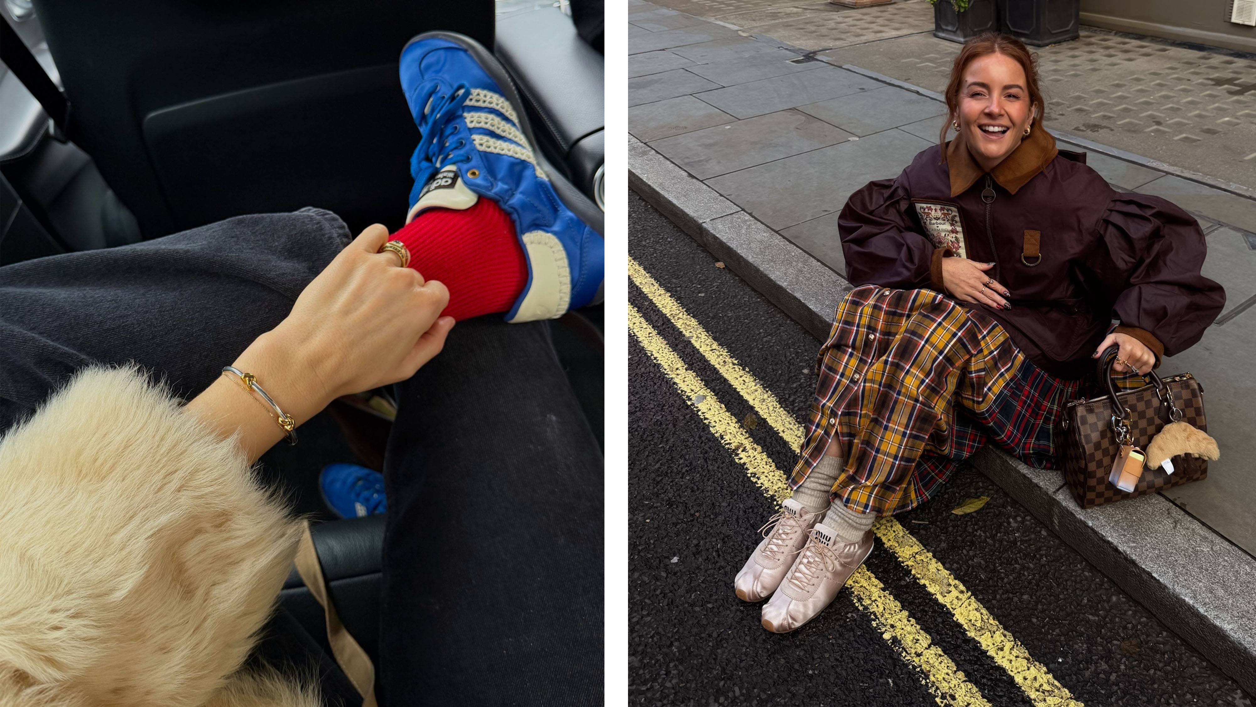 Woman wearing bright blue sneakers; Woman wearing plaid skirt and satin sneakers