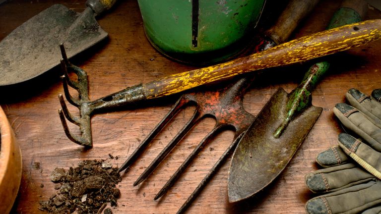 gardening tools on a wooden bench