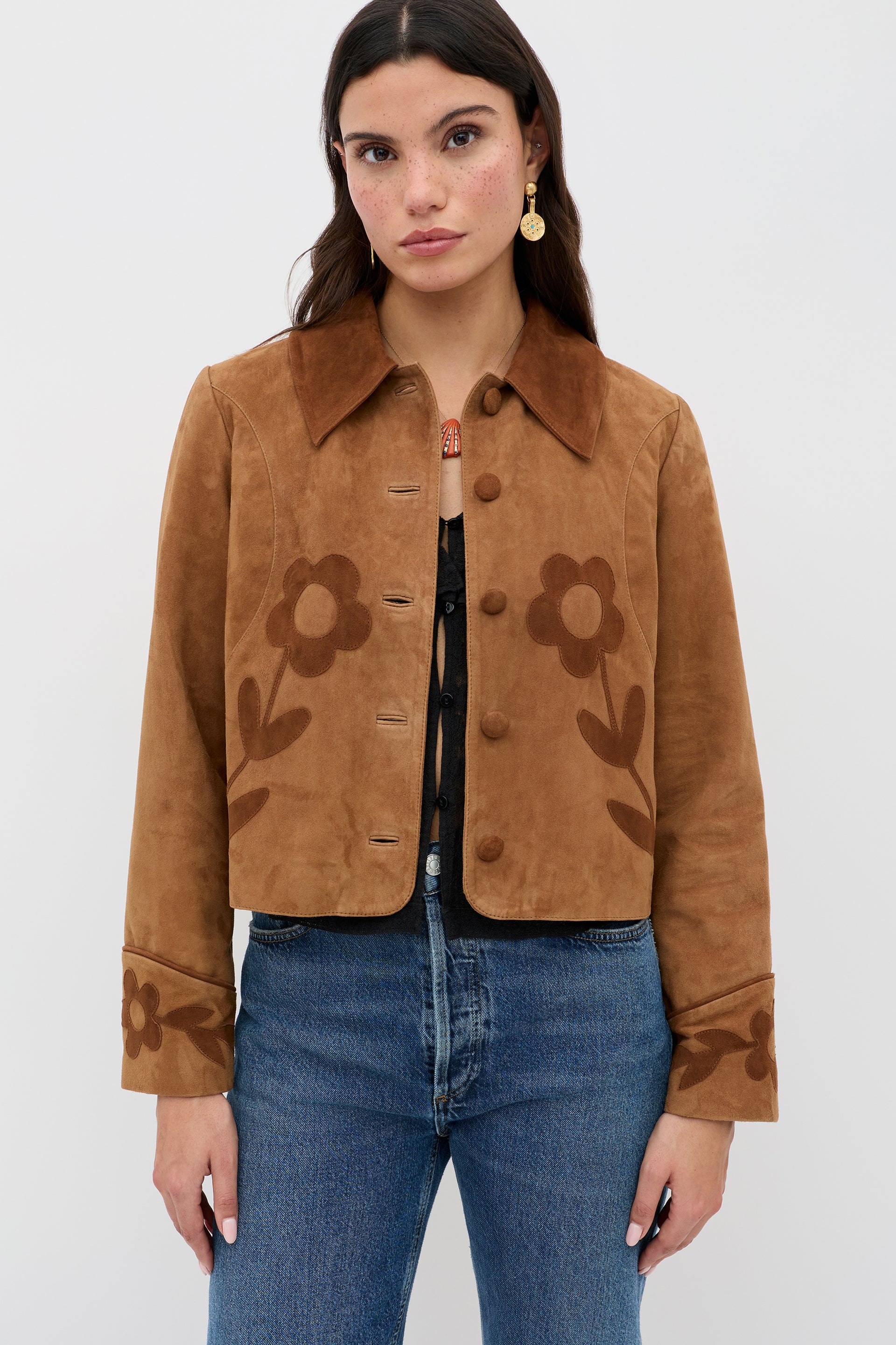 Dionne Suede Jacket in Brown Retro Daisy Applique Tan