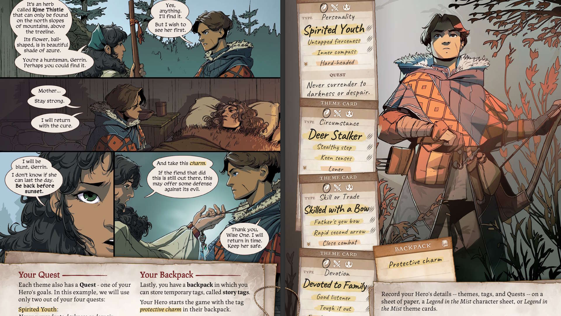Comic artwork with stats for an adventurer