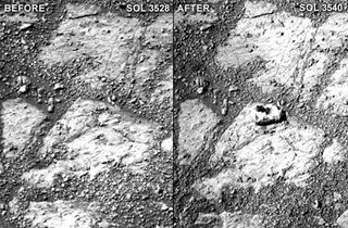 A comparison of two raw Pancam photographs from sols 3528 and 3540 of Opportunity's mission (a sol is a Martian day). Notice the "jelly doughnut"-sized rock in the center of the photograph to the right. Minor adjustments for brightness and contrast.