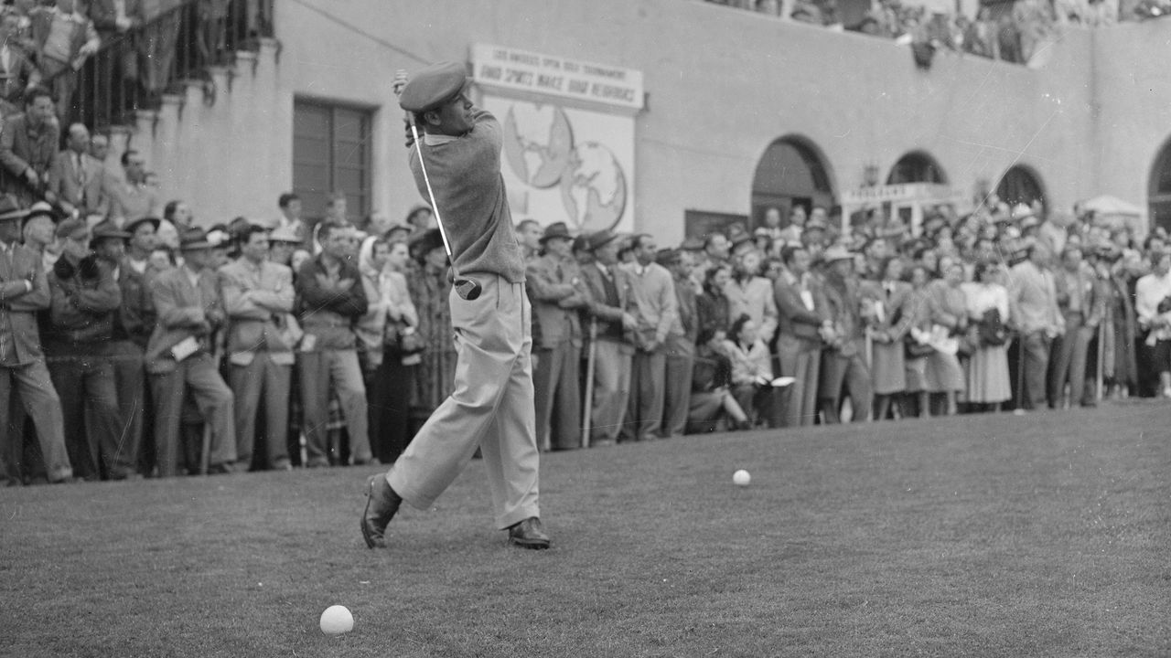 How Far Did Ben Hogan Drive The Golf Ball: Ben Hogan hitting a tee shot at the 1948 Los Angeles Open