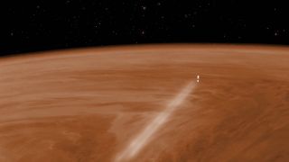 An artist's depiction of the European Space Agency's Venus Express spacecraft streaking through the Venusian atmosphere during its month-long aerobraking maneuver in 2014.