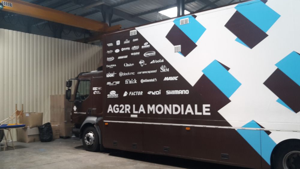 One of the team's trucks parked in the garage