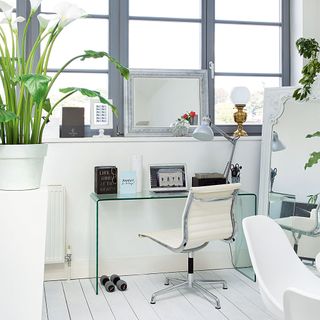 Modern home office ideas with white walls and clear desk