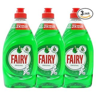 three bottles of Fairy liquid 