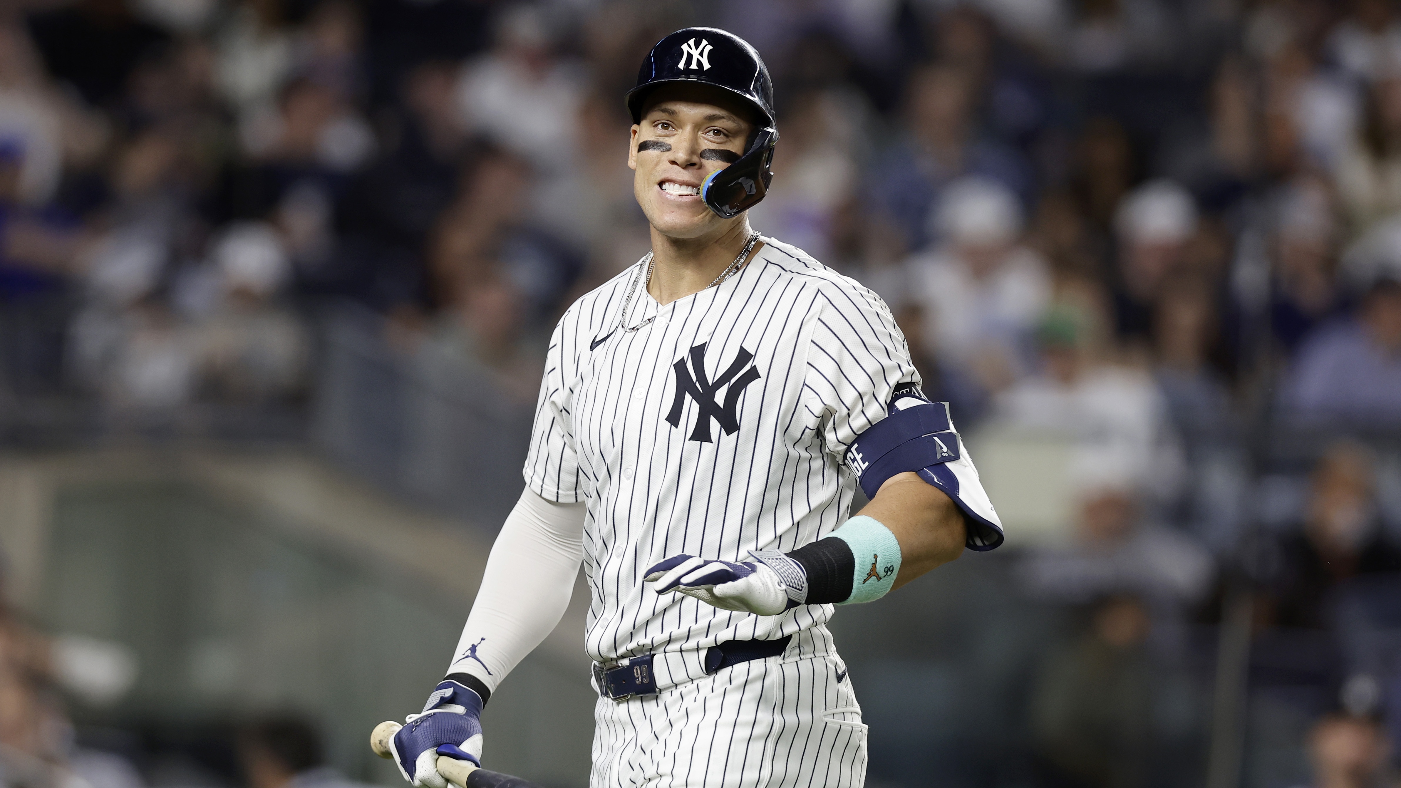 Aaron Judge #99 of the New York Yankees reacts after striking out during the sixth inning against the Los Angeles Angels at Yankee Stadium
