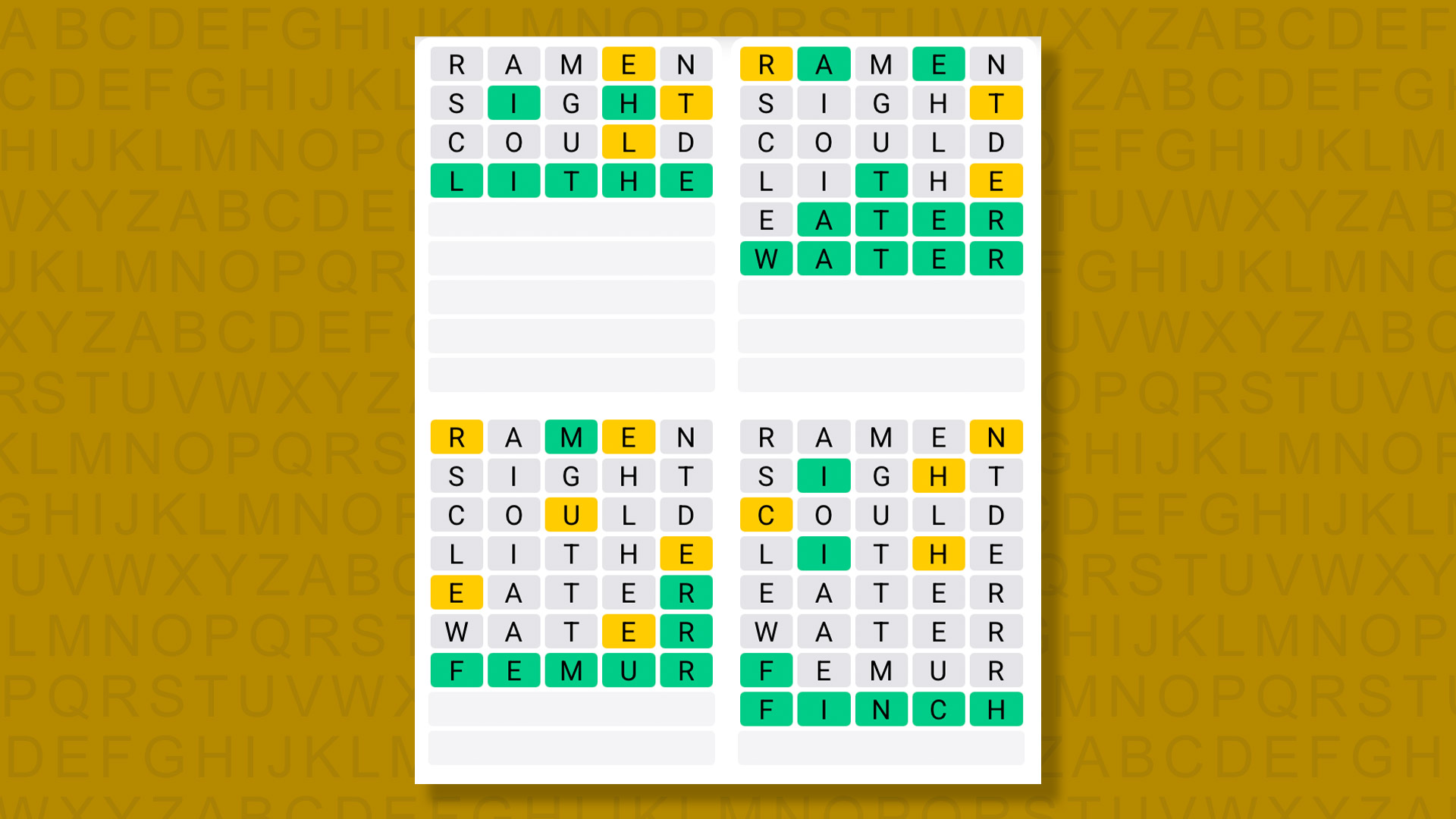 Quordle answers for game 1345 on a yellow background