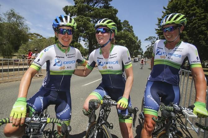 The Orica AIS women enjoy their win