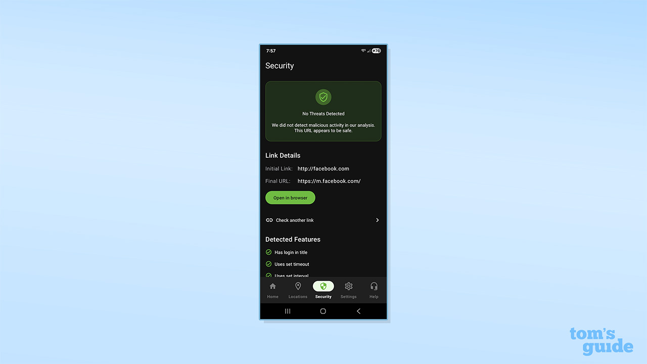IPVanish's link checker on Android