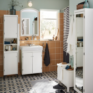Ikea bathrooms on a budget – a bathroom with white units and orange tiles