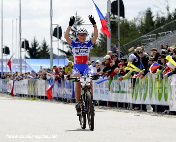 Julie Bresset (BH - SR Suntour - Peisey Vallandry) winning the cross country World Cup in Nove Mesto, Czech Republic