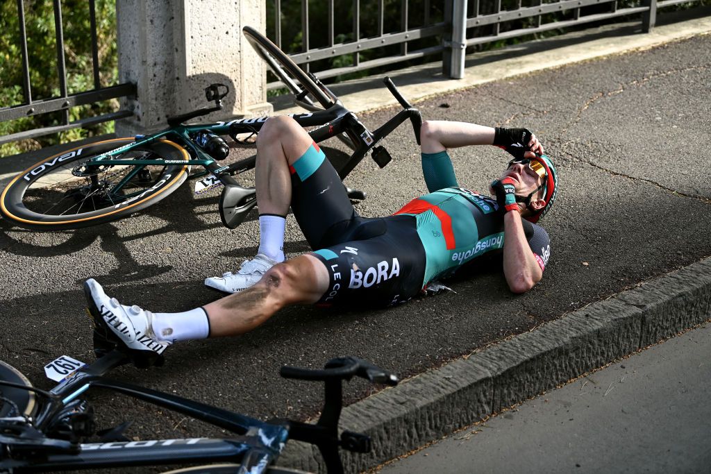 SANREMO ITALY MARCH 18 Sam Bennett of Ireland and Team BORA Hansgrohe reacts after a crash during the 114th MilanoSanremo 2023 a 294km one day race from Abbiategrasso to Sanremo MilanoSanremo UCIWT on March 18 2023 in Sanremo Italy Photo by Tim de WaeleGetty Images