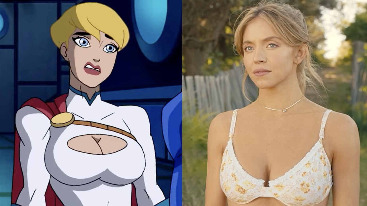 DC's Power Girl as she appeared in a DC animated feature, Sydney Sweeney starring in 2023's 'Anyone But You.'