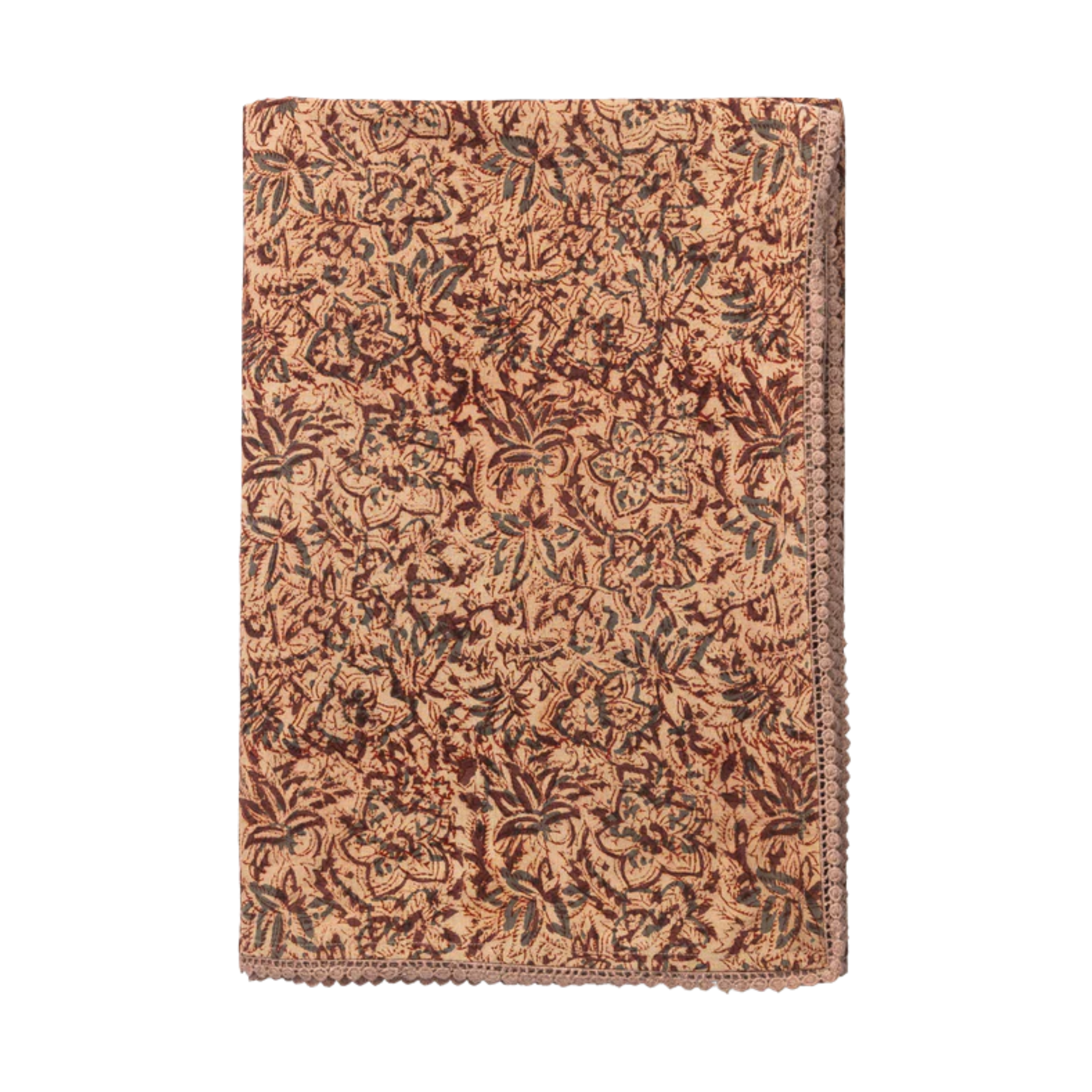 a decorative floral tablecloth in shades of salmon pink, red, and subtle green