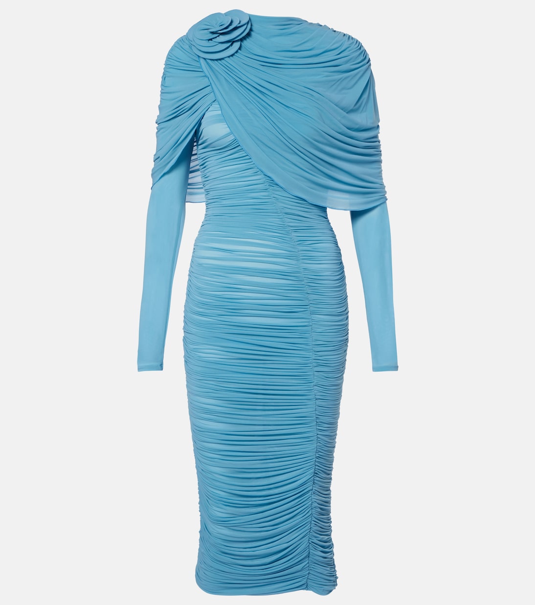 Floral-Appliqu&amp;eacute; Ruched Caped Midi Dress