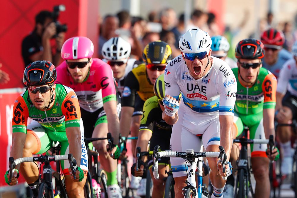 Andrea Guardini (left) places second to Alexander Kristoff in stage 1 at the 2018 Abu Dhabi Tour