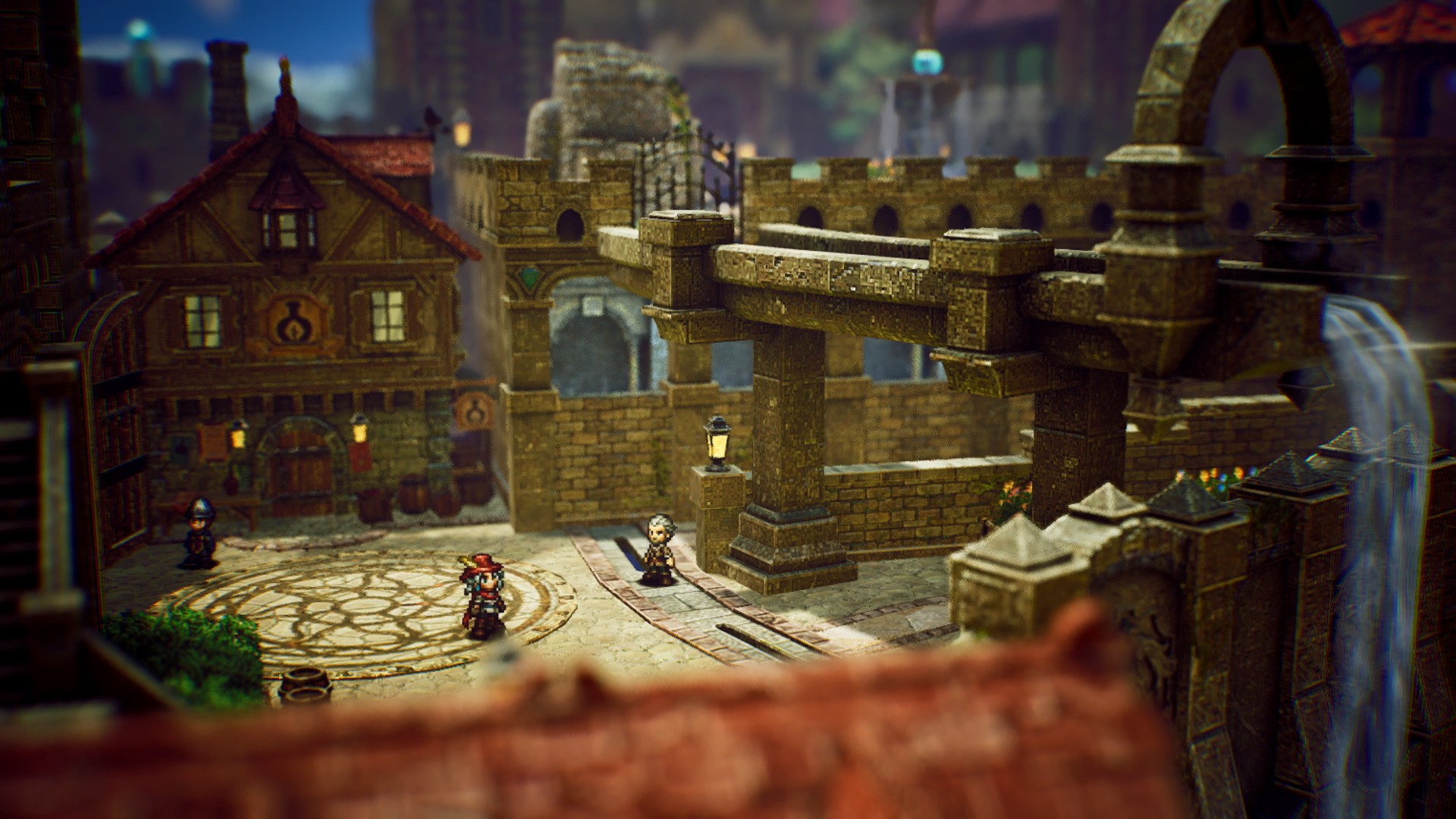The protagonist of HD-2D action RPG The Adventures of Elliot explores a city