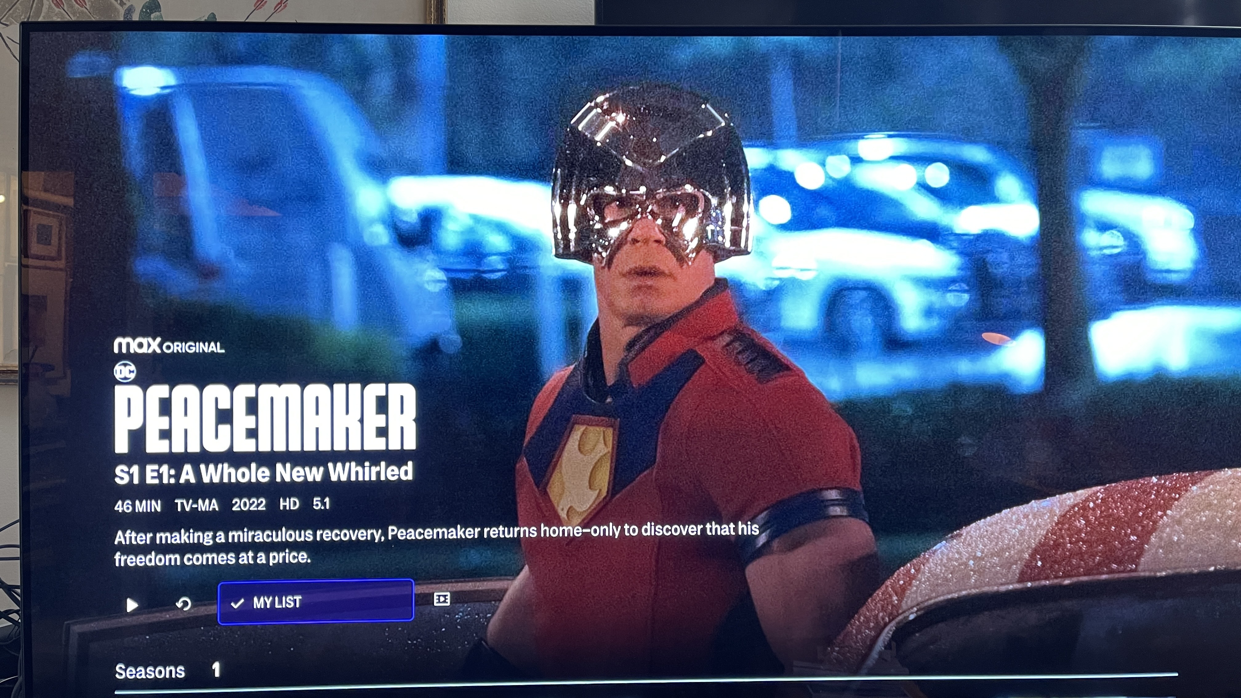 The page for Peacemaker in the new HBO Max app, tested on an Apple TV 4K