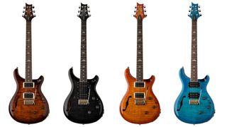 A group shot showing the PRS SE Custom 24 Hollowbody Piezo electric guitar in all four available finishes: (from left) Orange Tiger Smokeburst, Charcoal Burst, Vintage Sunburst and Lake Blue