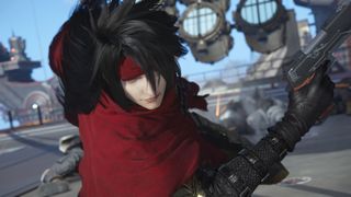 Vincent attacks in Final Fantasy 7 Revelation, leaping forward while holding a handgun